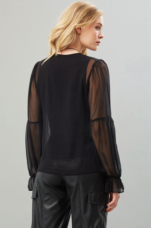 Lola and Sophie Poet Sleeve Chiffon Top in Black