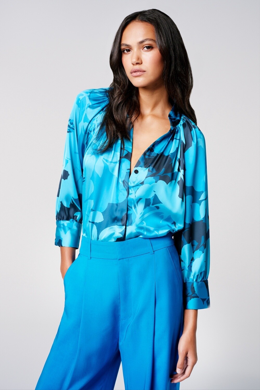 Smythe Gathered Blouse in Cobalt Floral