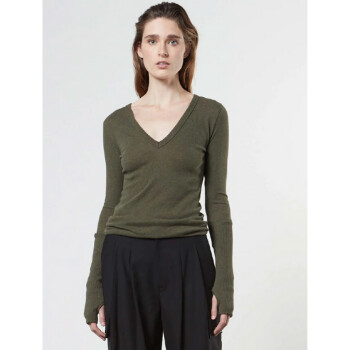 Enza Costa First Layered Cuff V Neck Sweater, Colour: Olive, Size: XS