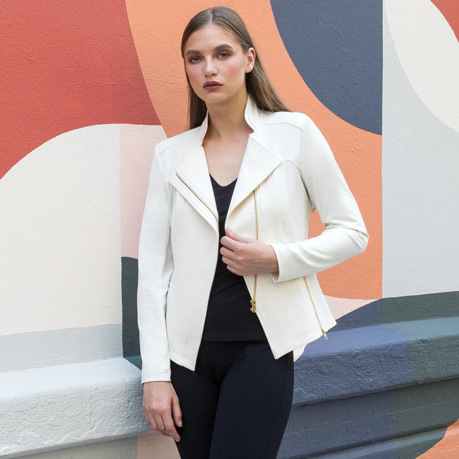 Clara SunWoo Liquid Leather Moto Jacket, Color: Ivory, Size: XS