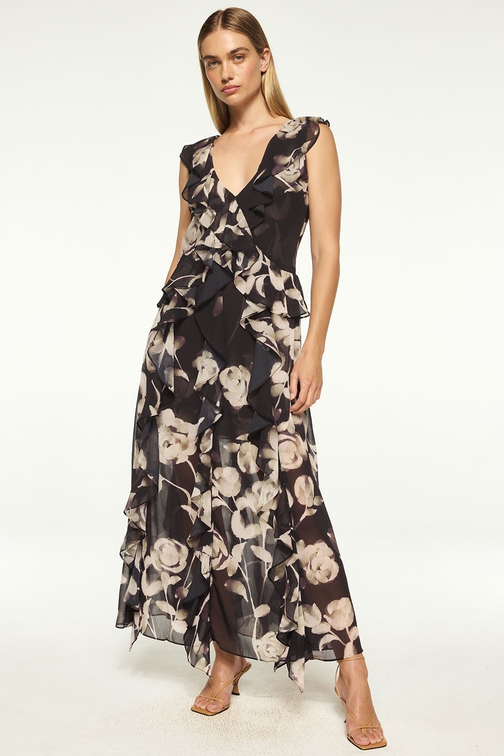 MISA Claudita Faded Rose Chiffon Maxi Dress