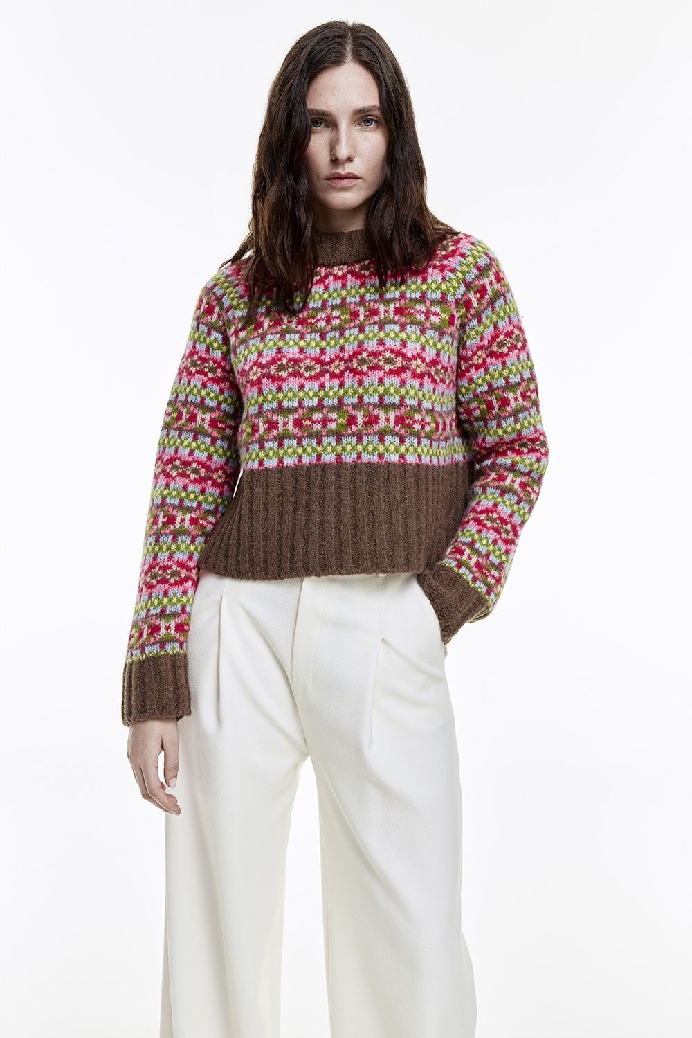 Smythe Cropped Crewneck Sweater in Pink Fair Isle