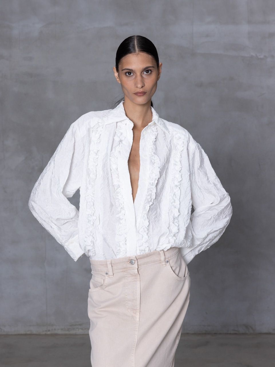 NUDE Ruffle Tuxedo Blouse