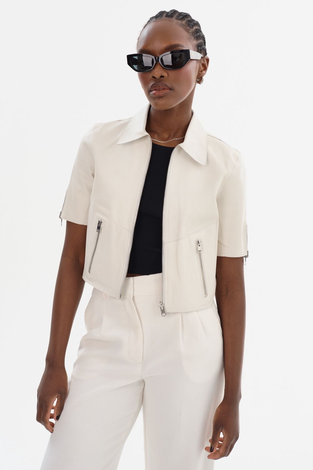Lamarque Sevana Cropped Leather Reversible Jacket with Silver