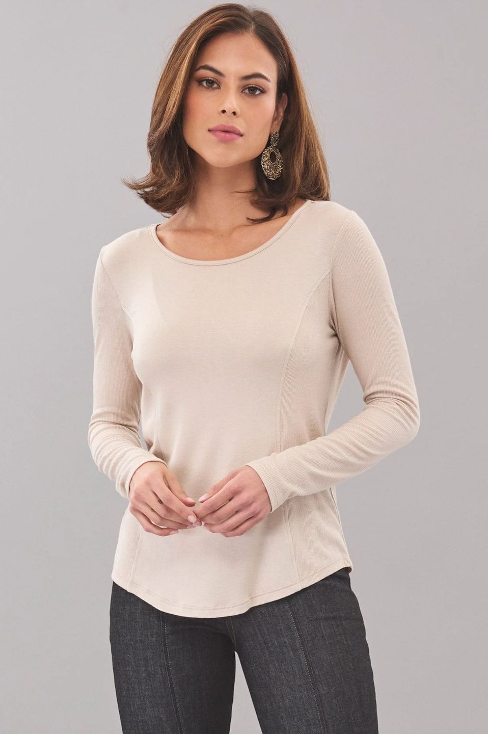 Lola &amp; Sophie Crew Neck Long Sleeve Tee in Oatmeal
