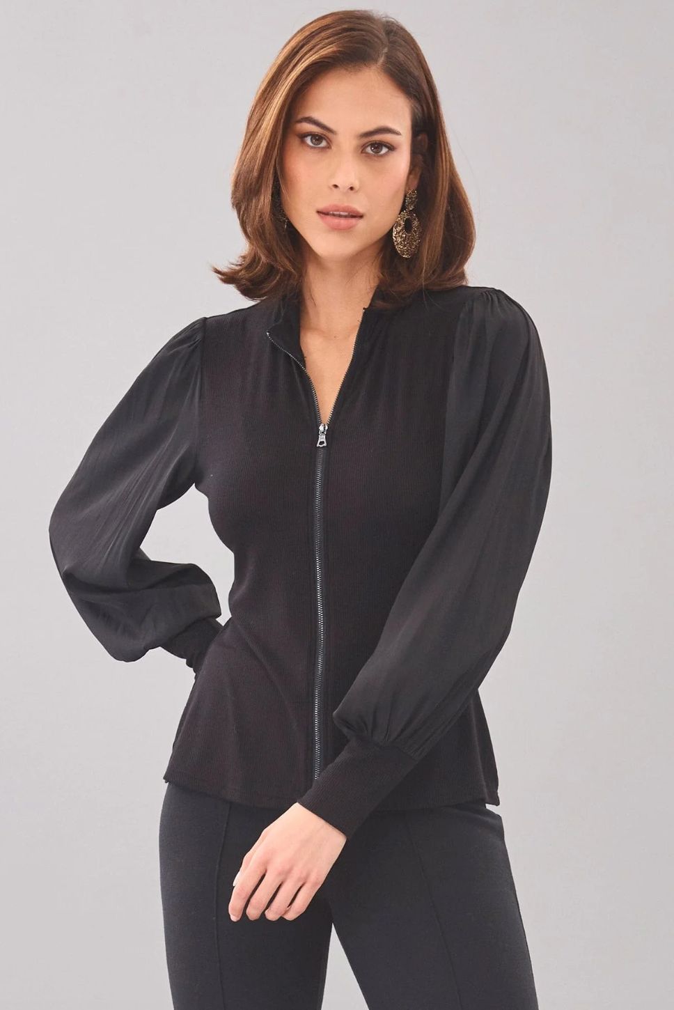 Lola &amp; Sophie Balloon Sleeve Zip Front Top in Black