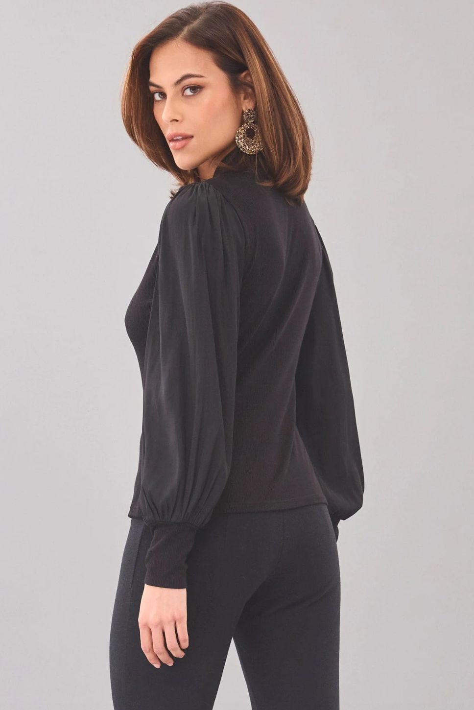 Lola &amp; Sophie Balloon Sleeve Zip Front Top in Black
