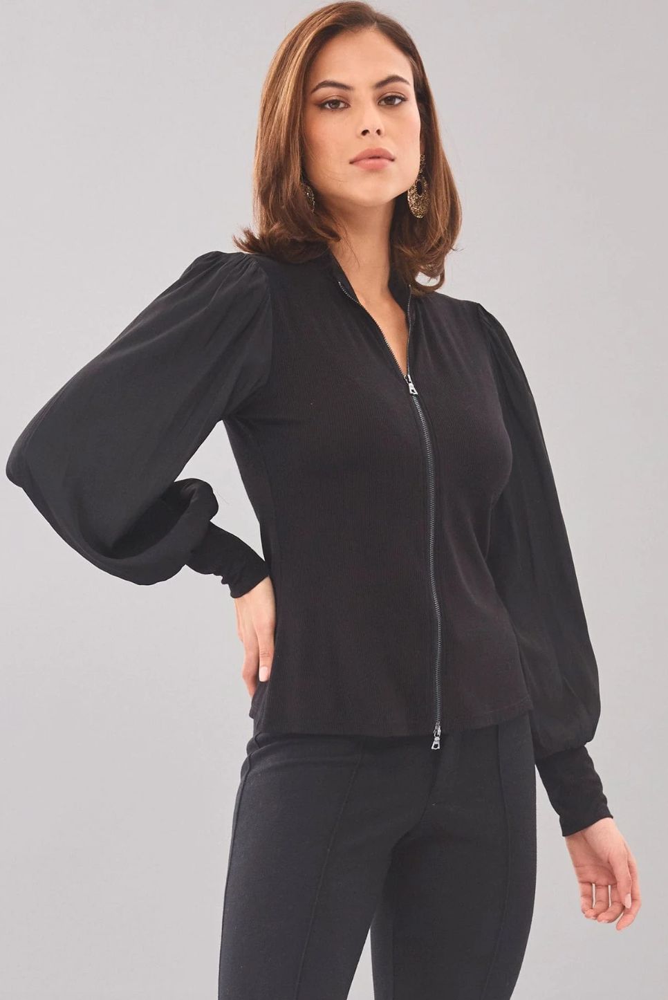 Lola &amp; Sophie Balloon Sleeve Zip Front Top in Black