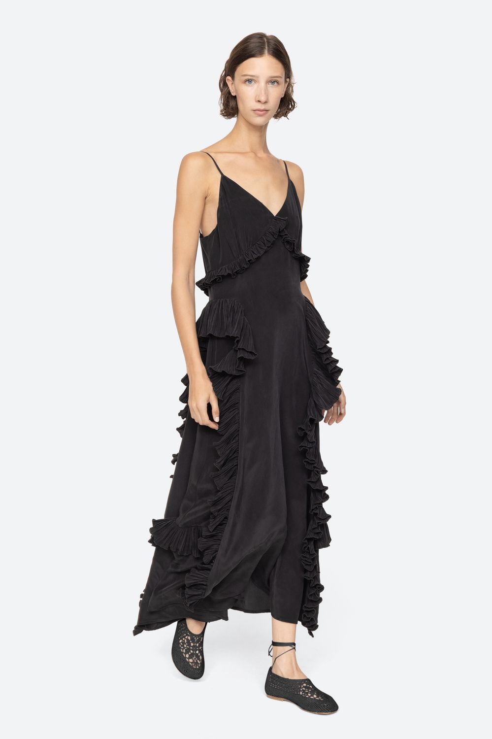 Sea-NY Delilah Ruffle Slip Dress, Color: Black, Size: 2