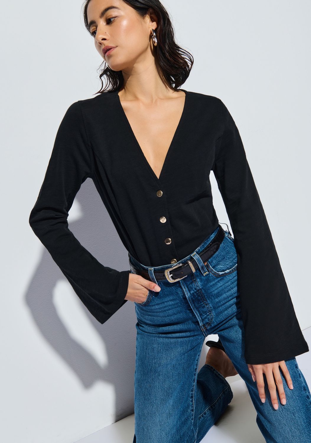 Nation Margaux Bell Sleeve Top in Jet Black