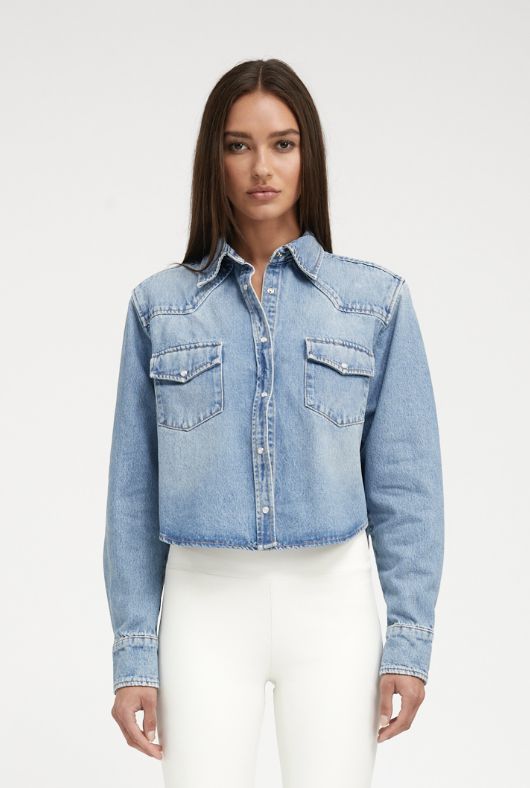 SPRWMN Cropped Denim Shirt, Color: PARADISE, Size: XS