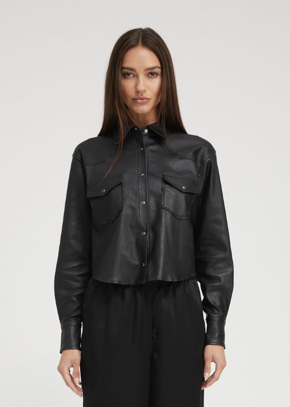 SPRWMN Cropped Western Leather Shirt, Color: BLACK, Size: XS