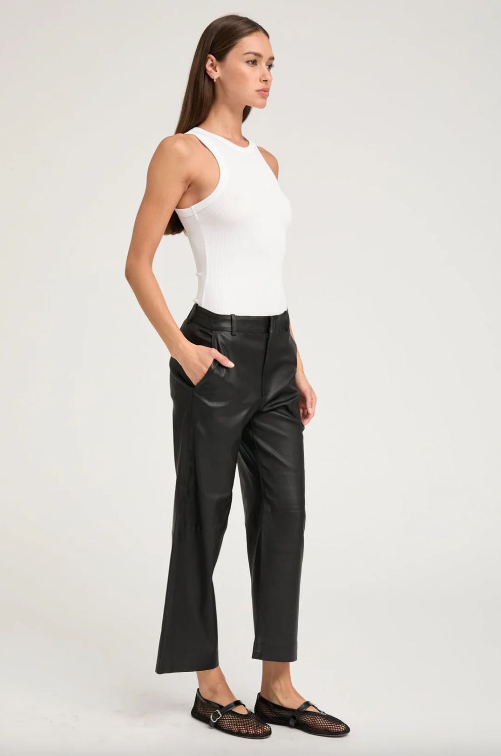 SPRWMN Cropped Low Rise Leather Pant in Black