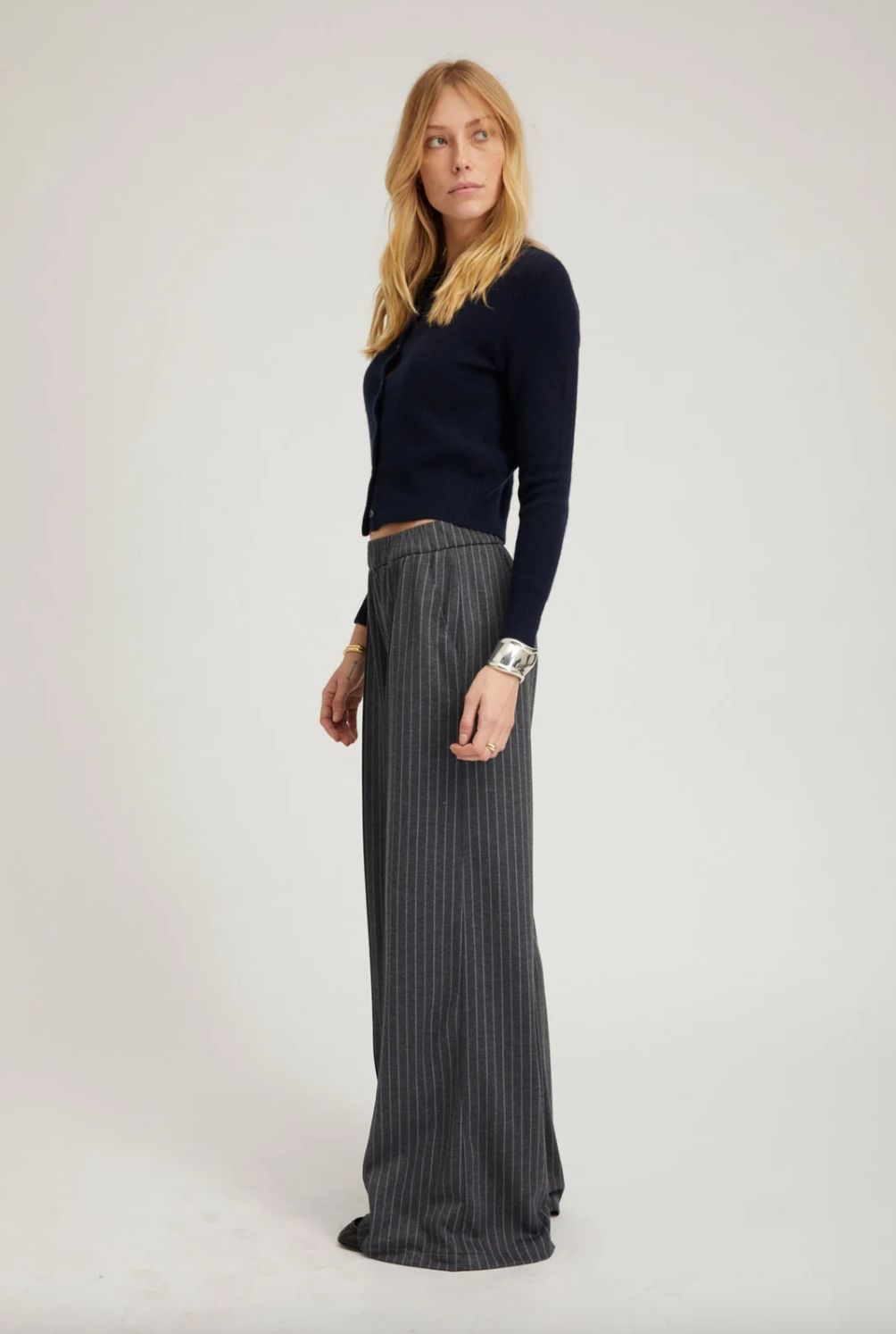 SPRWMN Wide Leg Pinstripe Pant in Grey