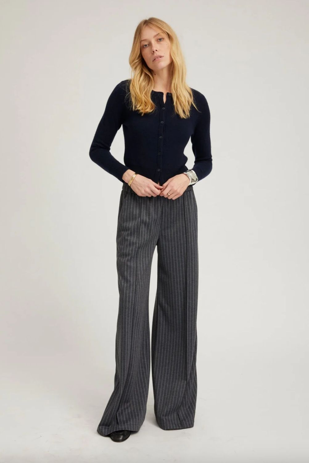 SPRWMN Wide Leg Pinstripe Pant in Grey