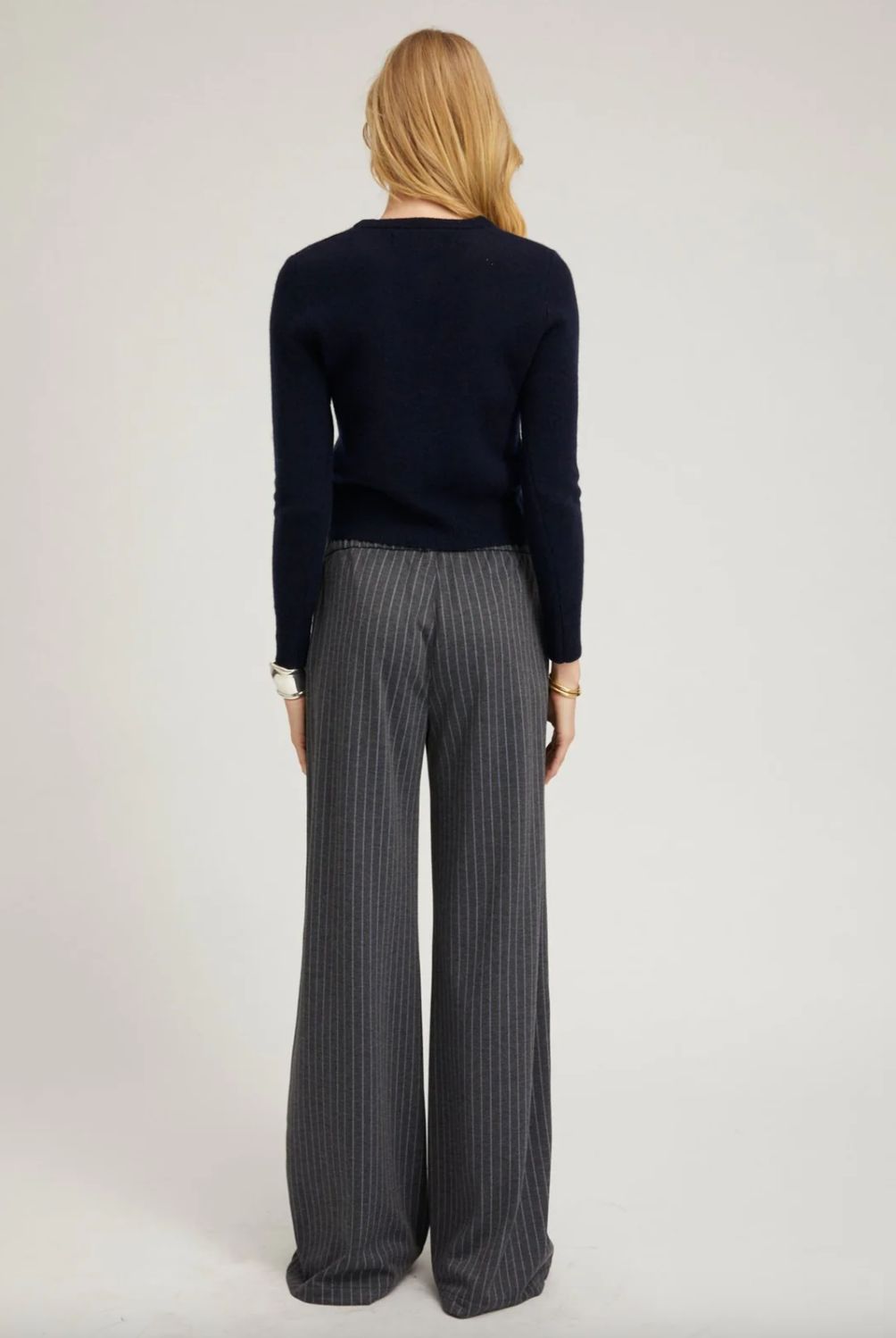 SPRWMN Wide Leg Pinstripe Pant in Grey