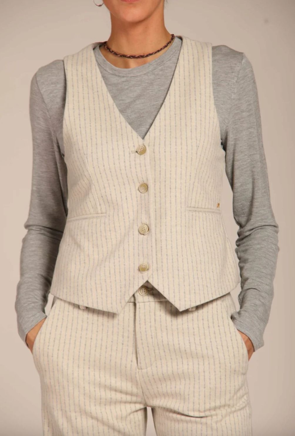 Mason&#39;s Ellen Beige and Light Blue Pinstripe Vest