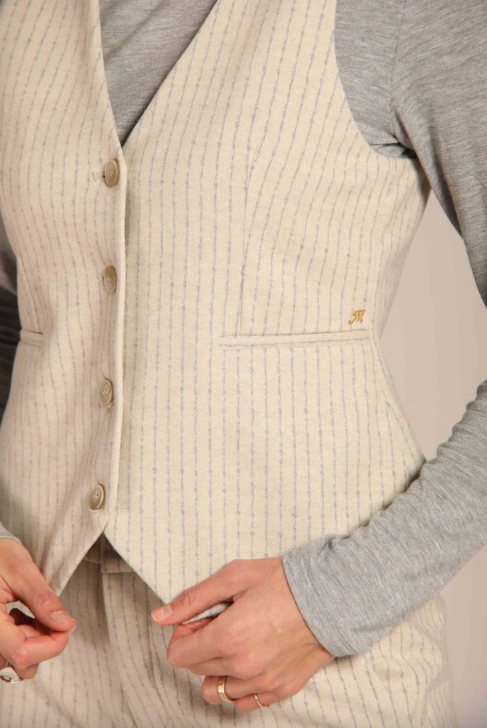 Mason&#39;s Ellen Beige and Light Blue Pinstripe Vest