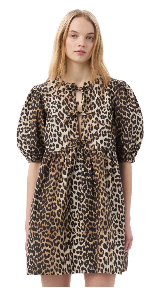 GANNI Leopard Tie String Mini Dress, Color: Leopard, Size: 34