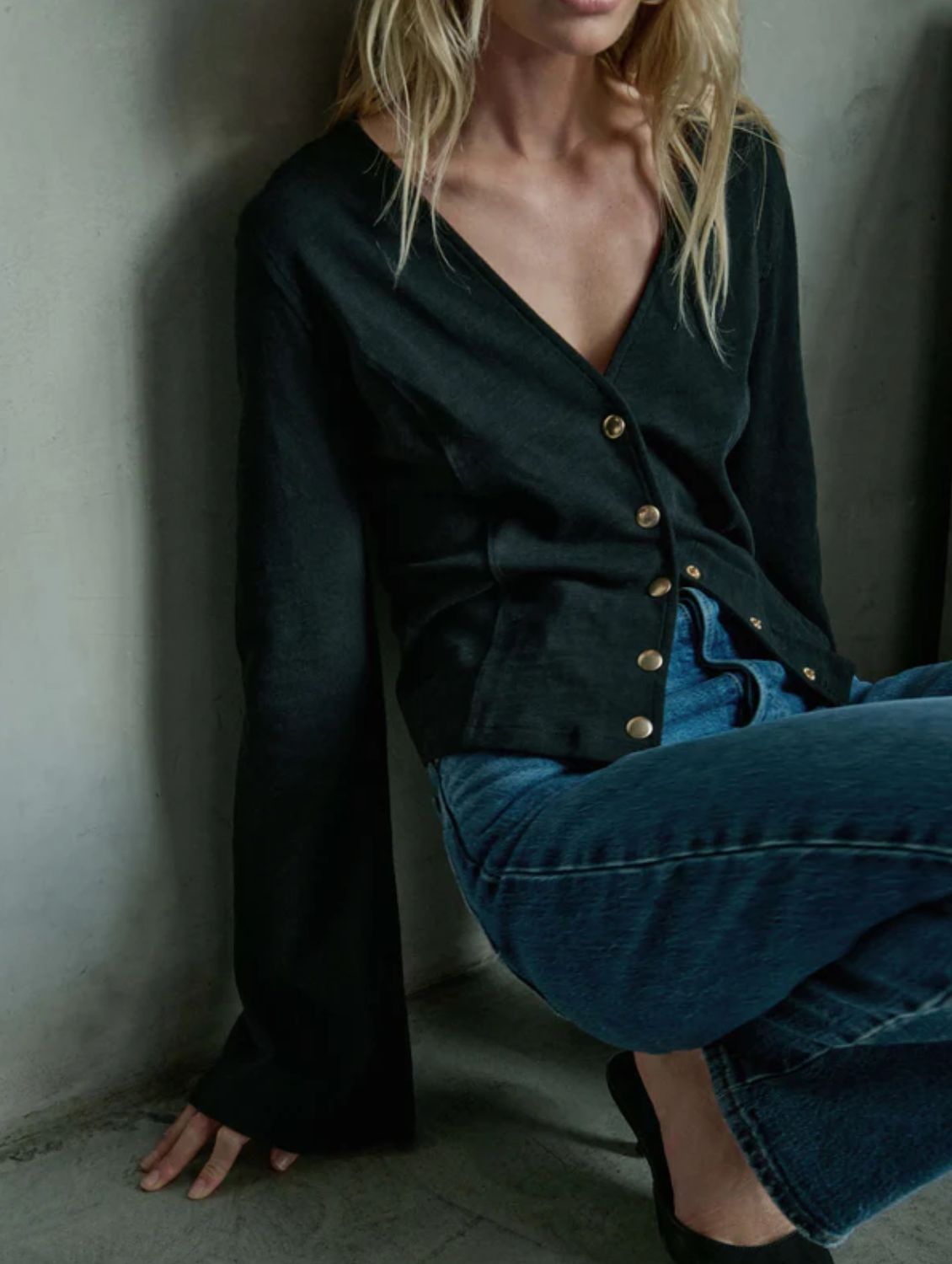 Nation Margaux Bell Sleeve Top in Jet Black