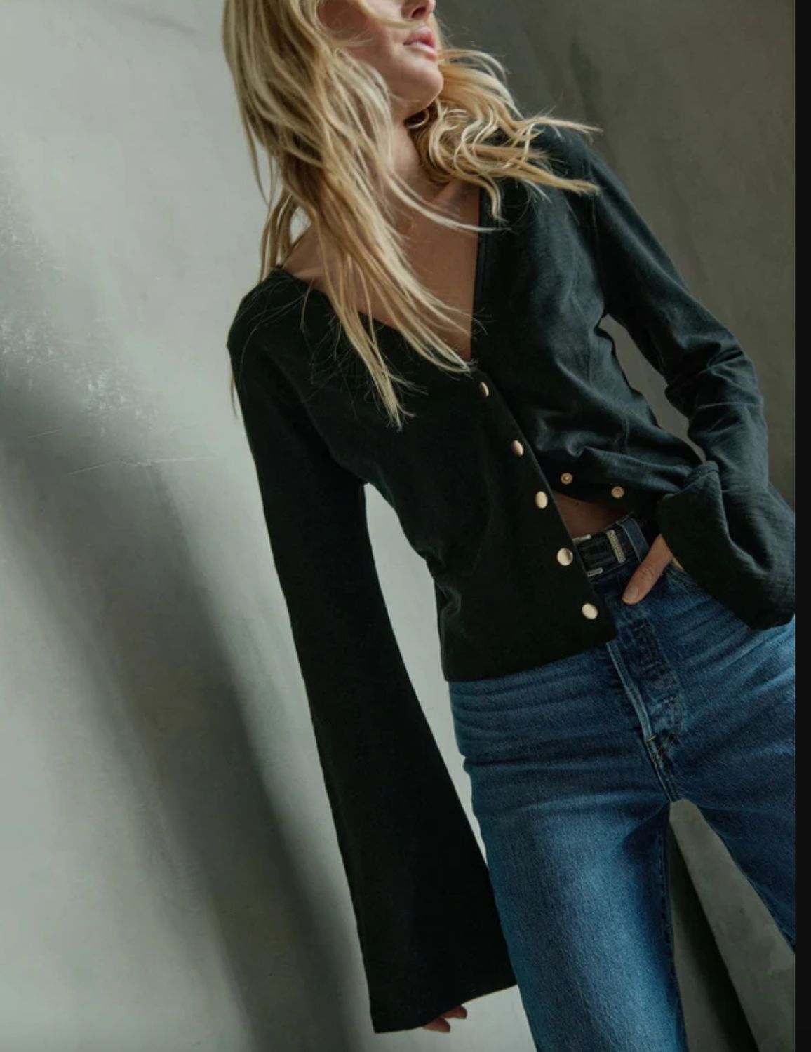 Nation Margaux Bell Sleeve Top in Jet Black