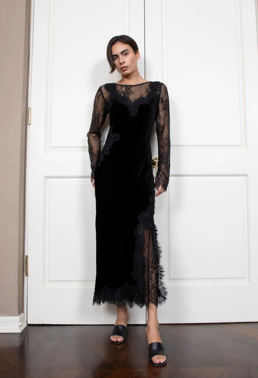 Gold Hawk Velvet Harper Long Dress in Black