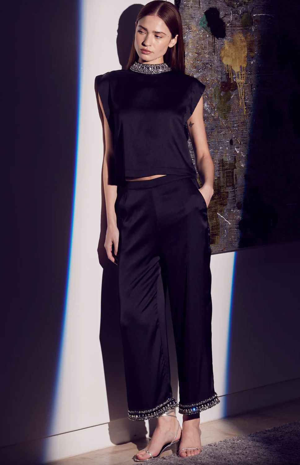 MISA Riley Jeweled Neck Top in Black