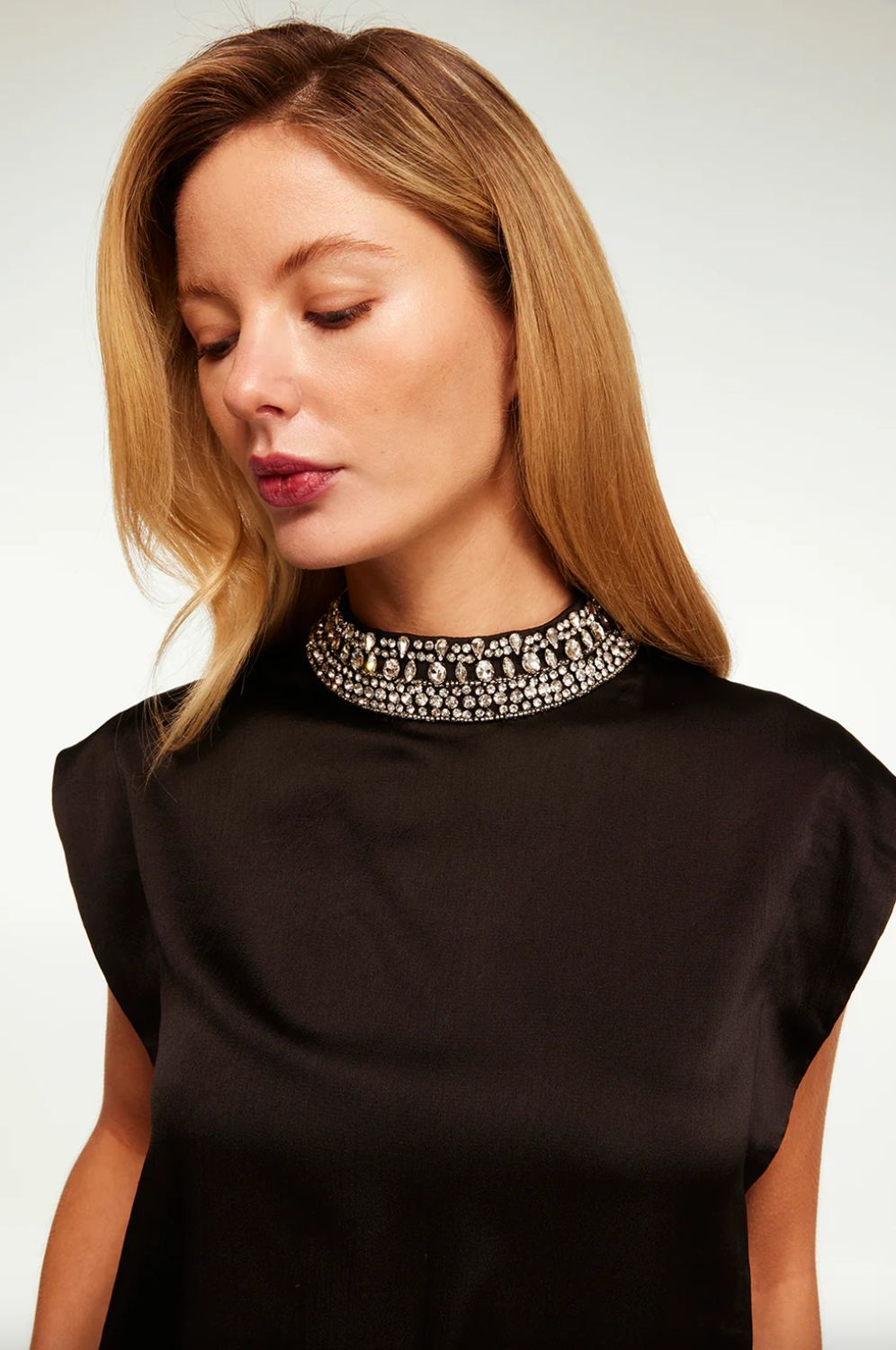 MISA Riley Jeweled Neck Top in Black