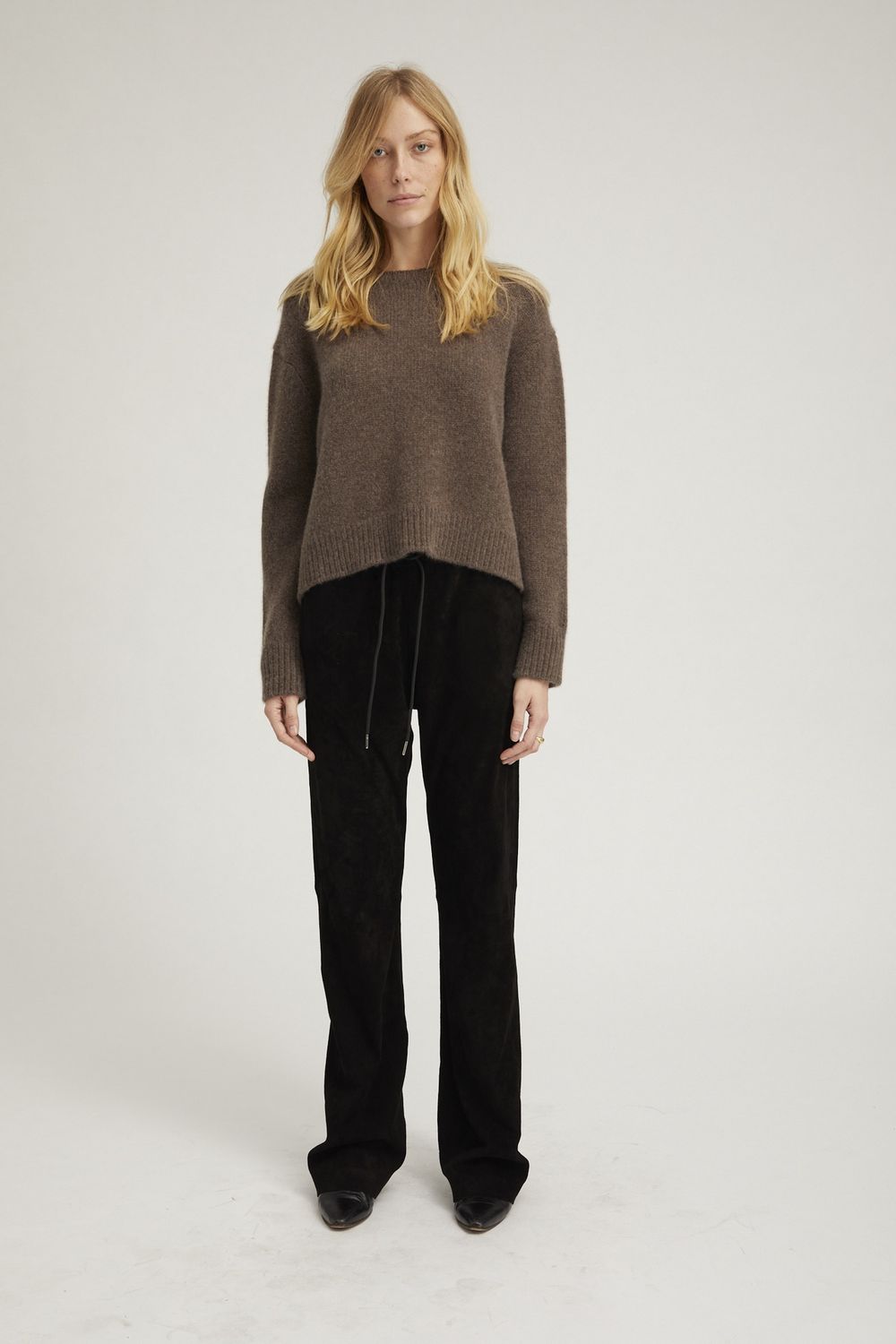 SPRWMN Drawstring Straight Leg Suede Pant in Black