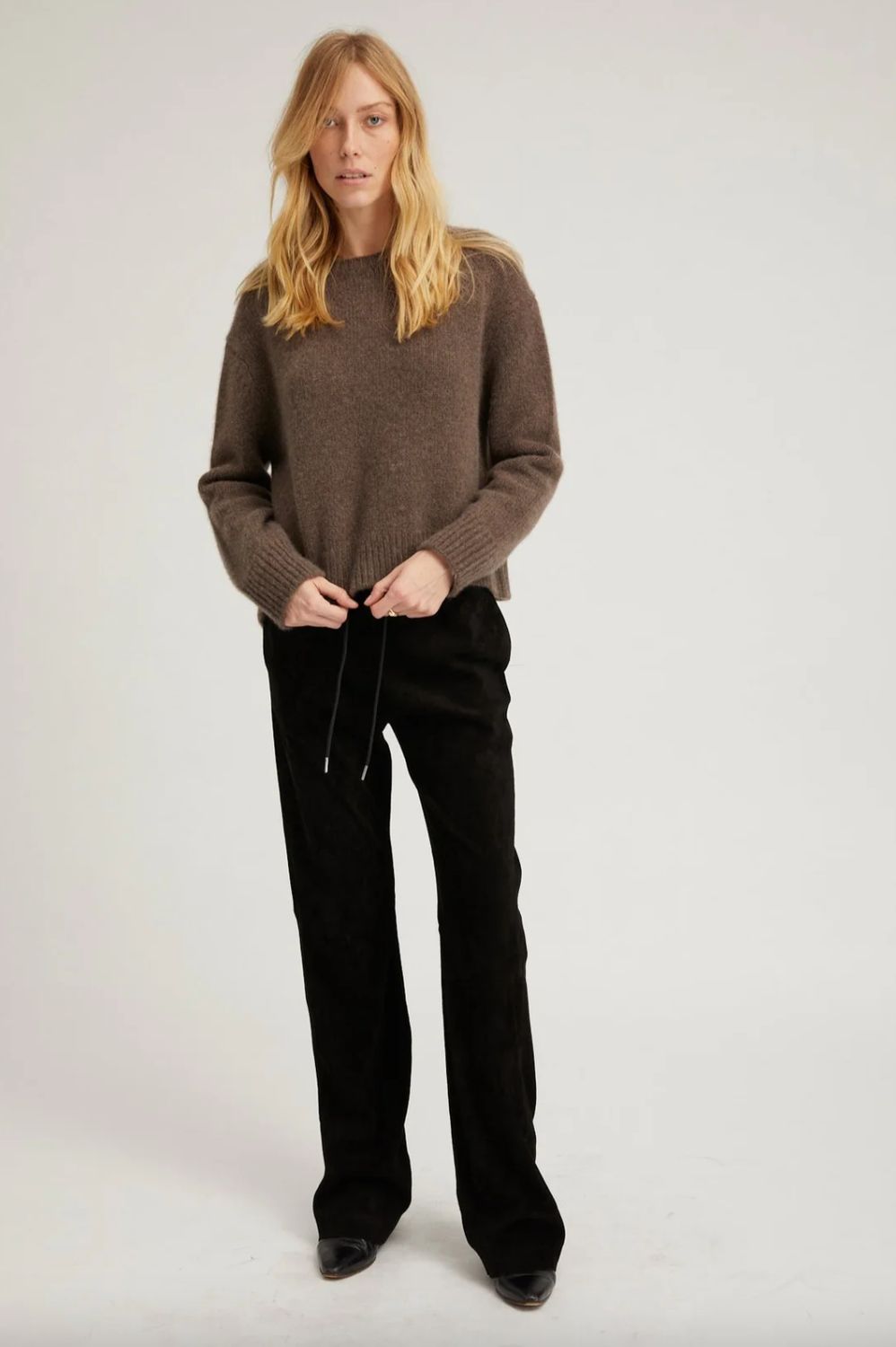 SPRWMN Drawstring Straight Leg Suede Pant in Black