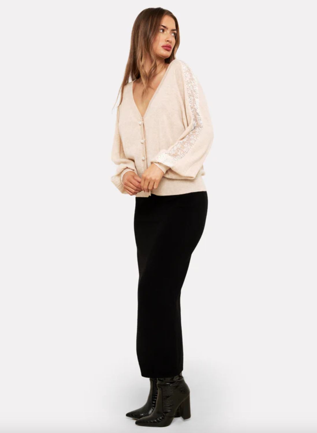 Brodie Cashmere Lace Sleeve Cardigan