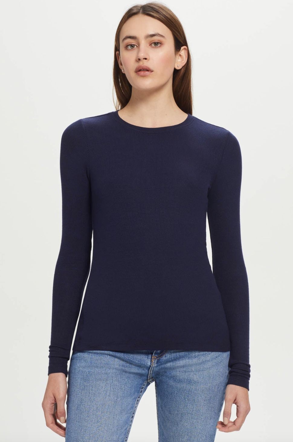Goldie Long Sleeve Cotton Rib Tee, Color: Navy, Size: XS