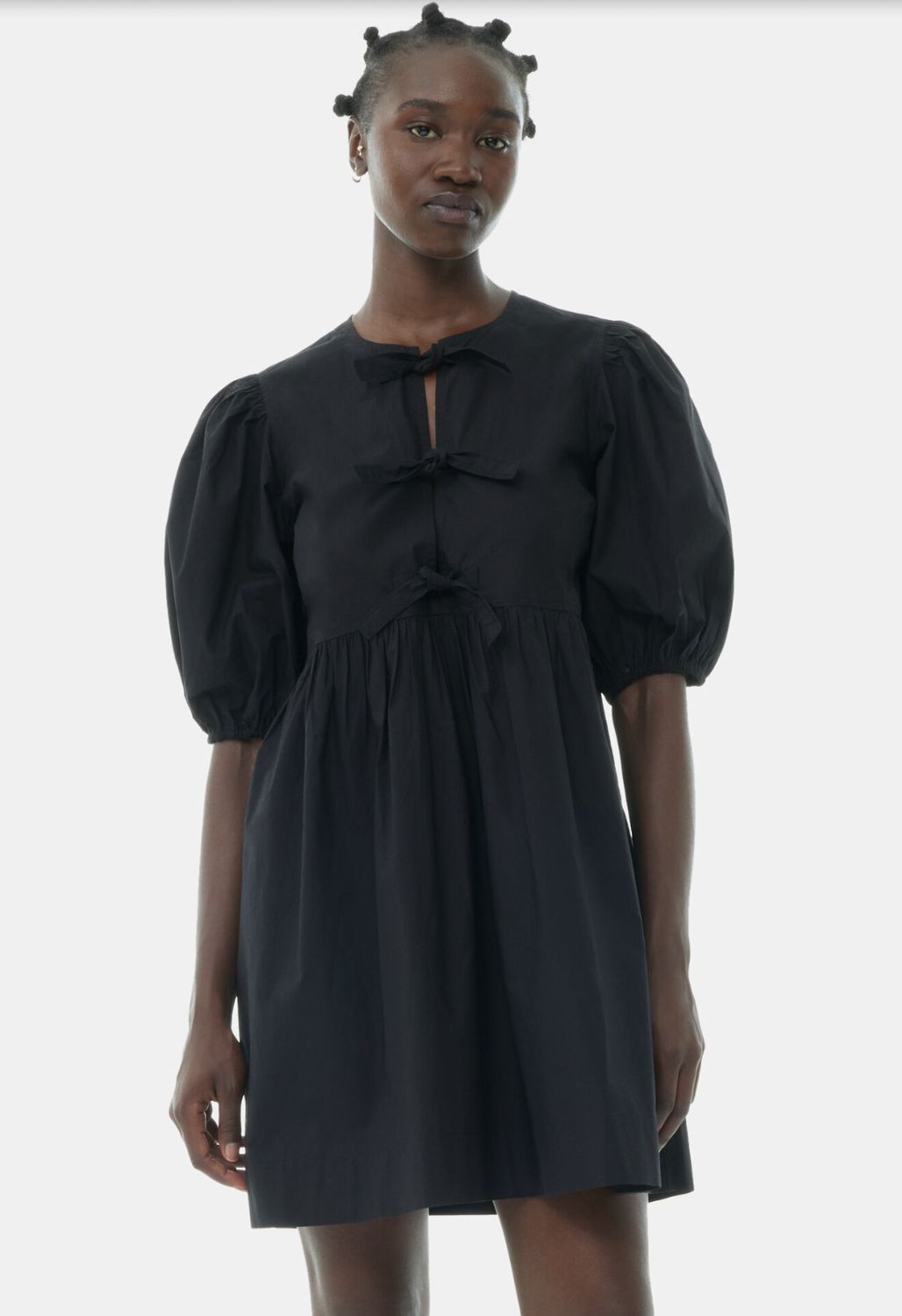 GANNI Poplin Tie String Mini Dress in Black