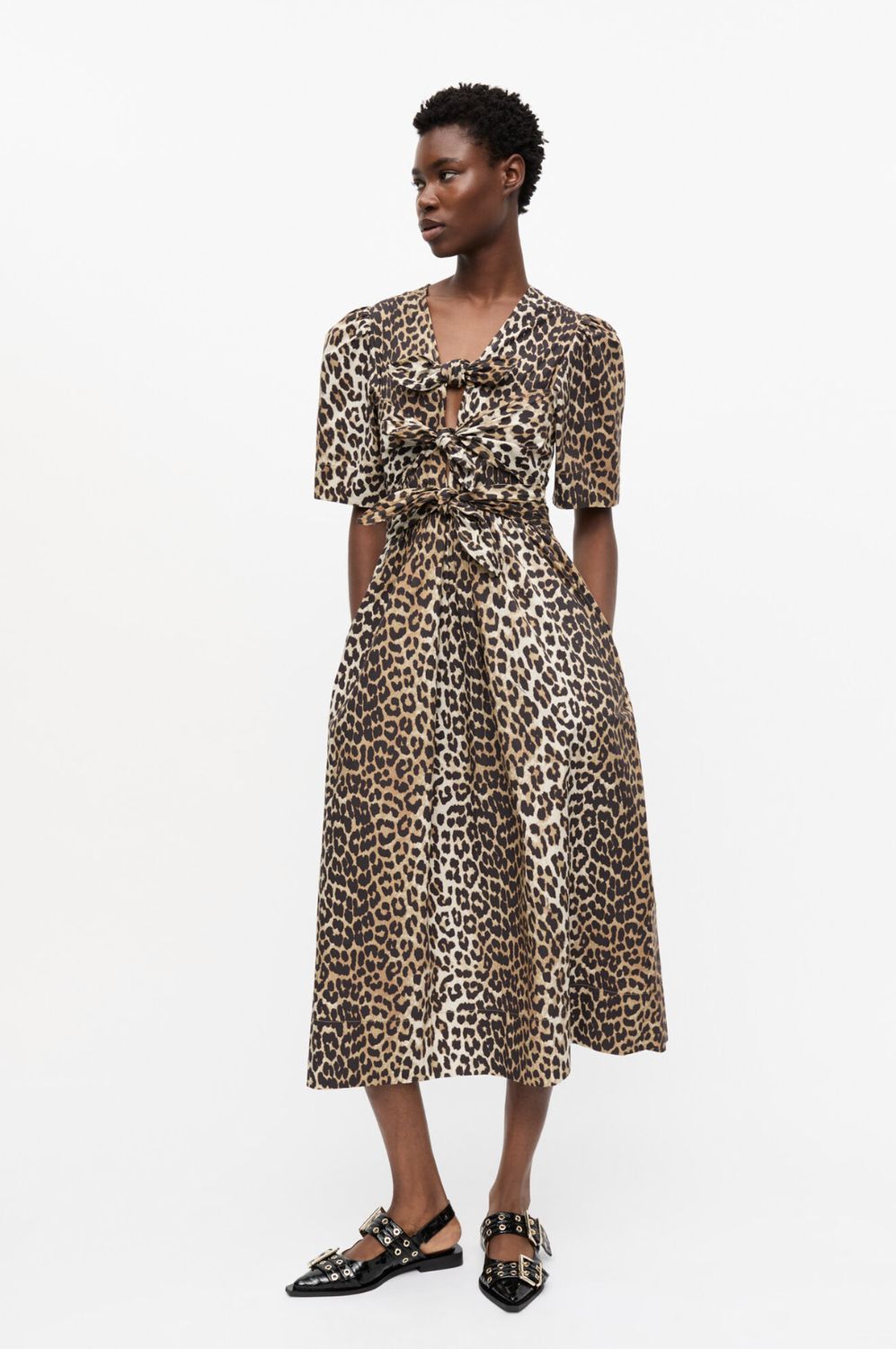 GANNI Leopard Tie Strap Midi Dress