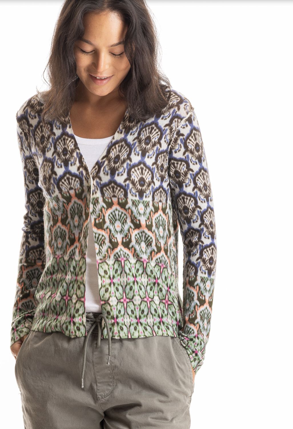 Paychi Guh Tile Print Cardigan, Color: Denim/Military, Size: XS