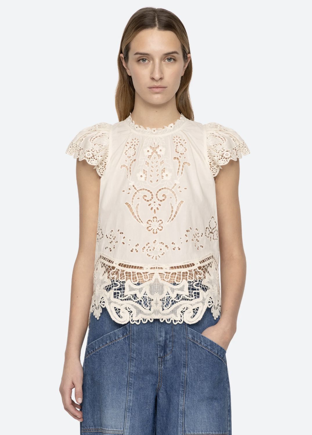 Sea-NY Gianna Lace Flutter Sleeve Top