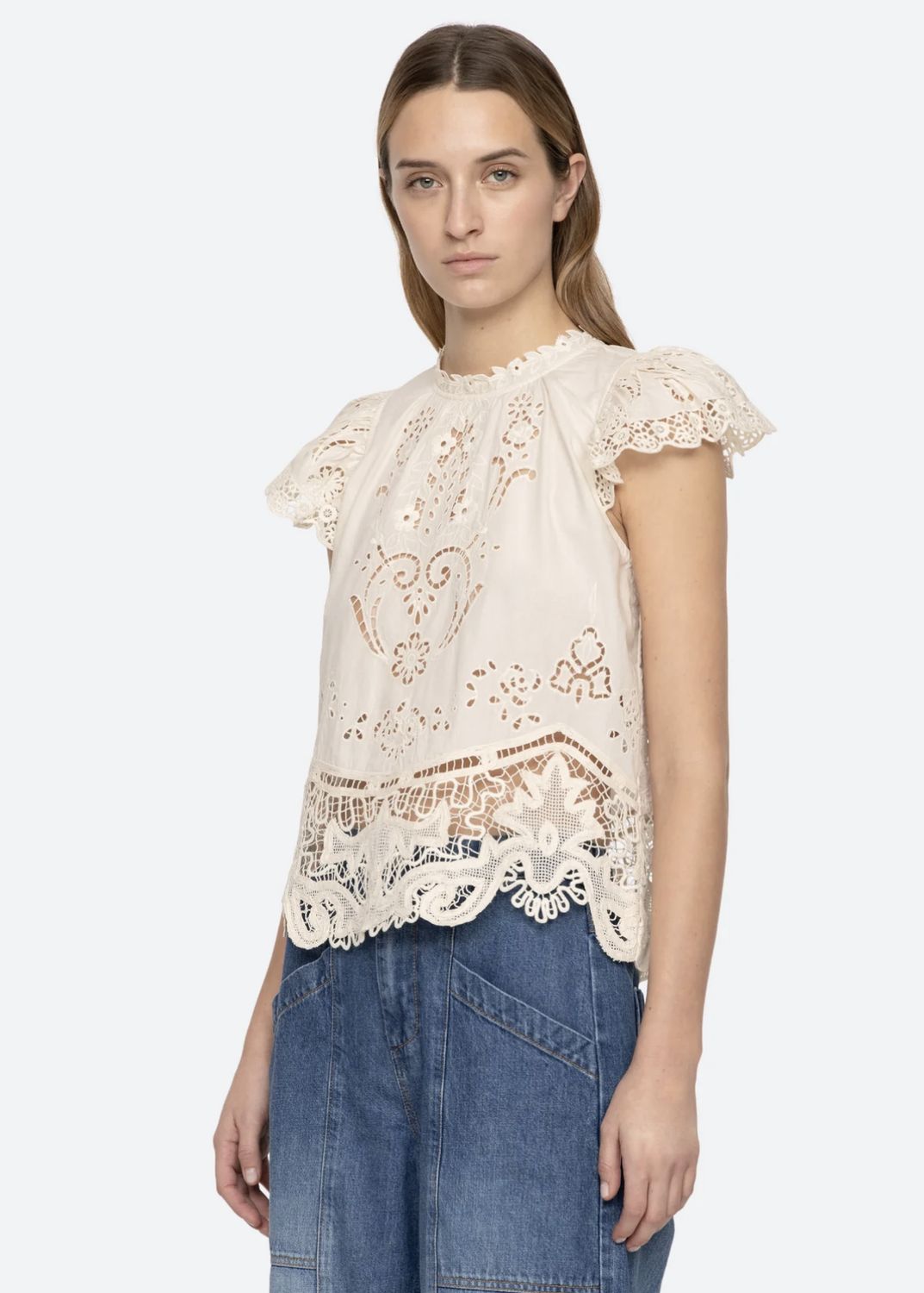 Sea-NY Gianna Lace Flutter Sleeve Top