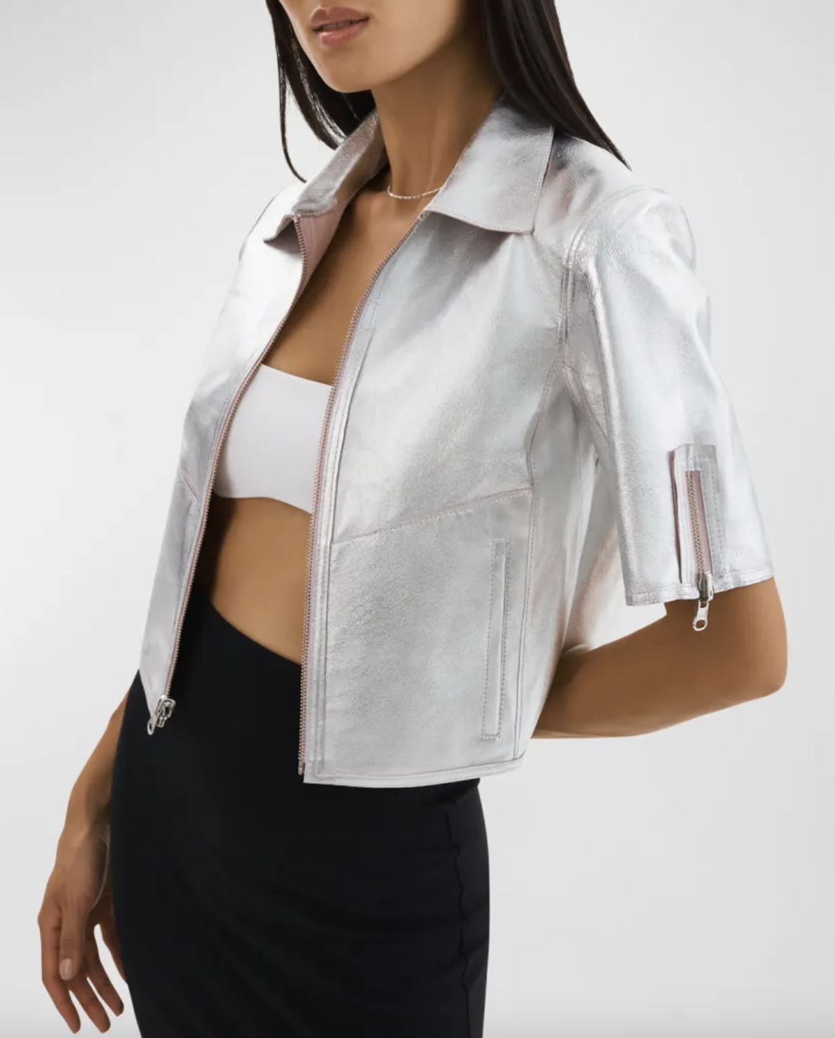 Lamarque Sevana Cropped Leather Reversible Jacket with Silver