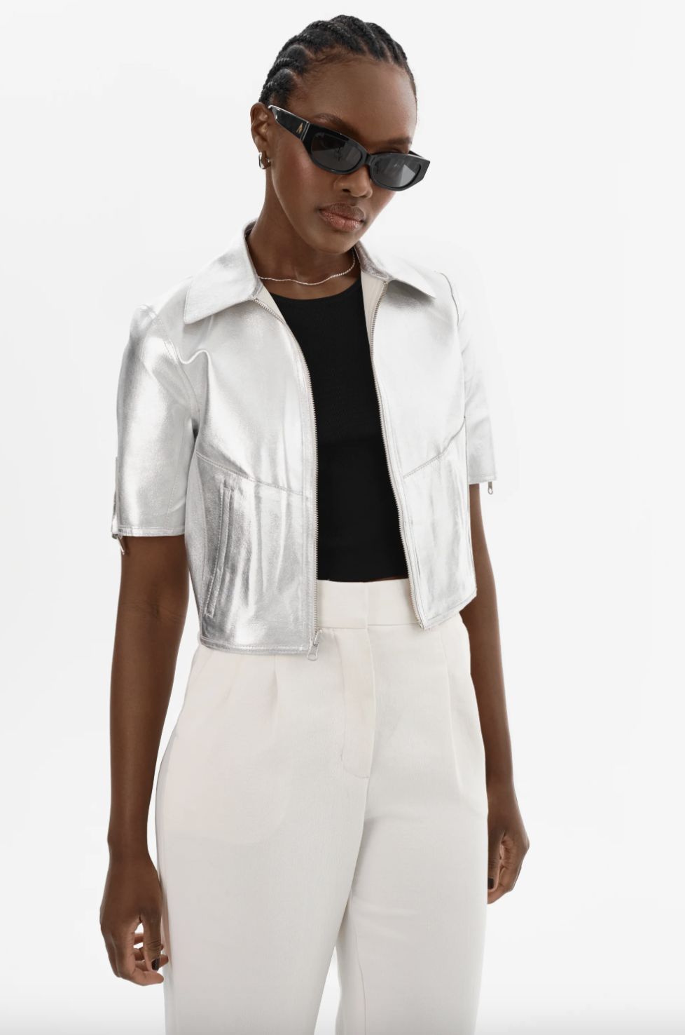 Lamarque Sevana Cropped Leather Reversible Jacket with Silver
