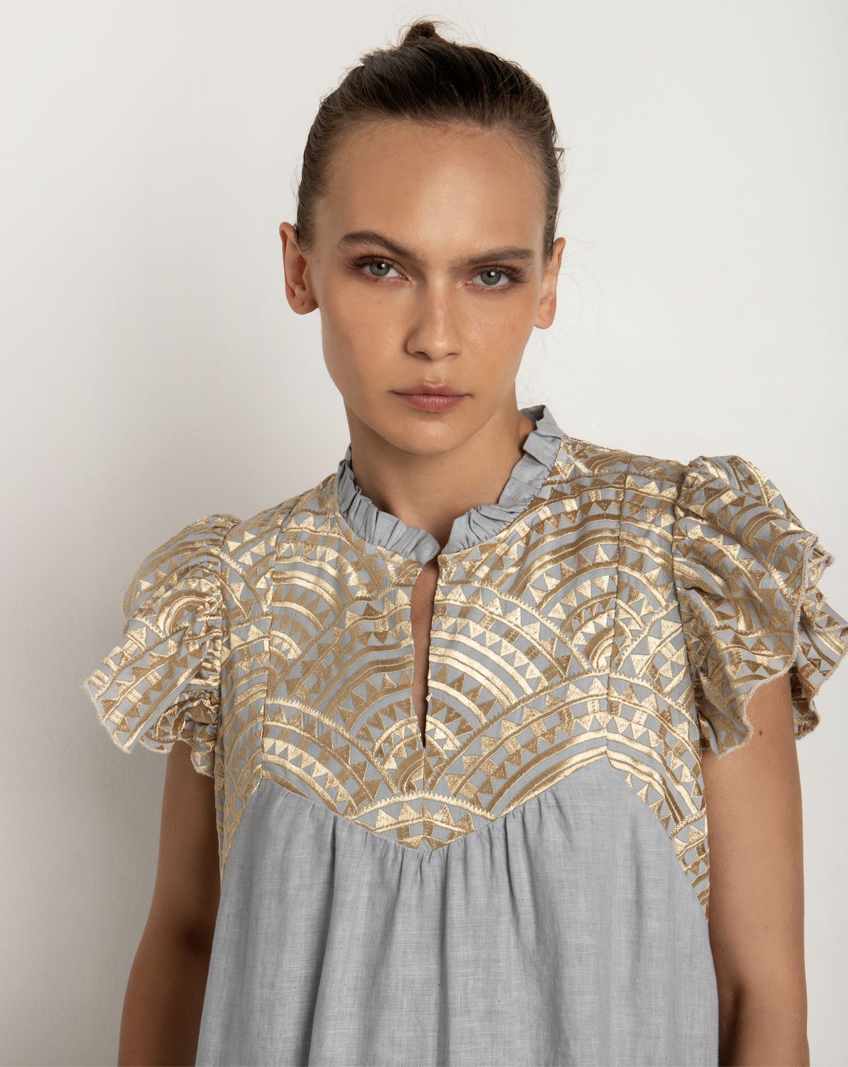 Greek Archaic Ruffle Sleeve Maxi Dress