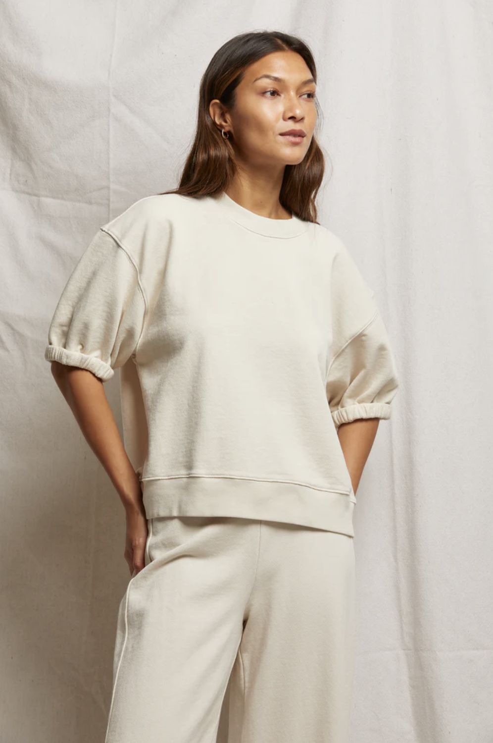 Perfect White Tee Rebecca French Terry 3/4 Puff Sleeve