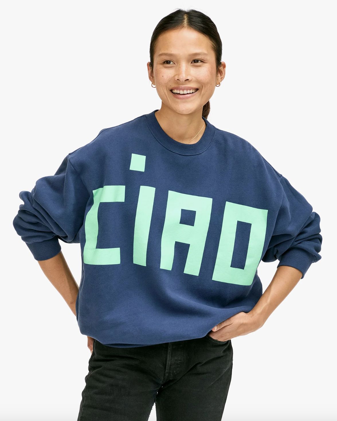Clare V Oversized Ciao Sweatshirt in Navy