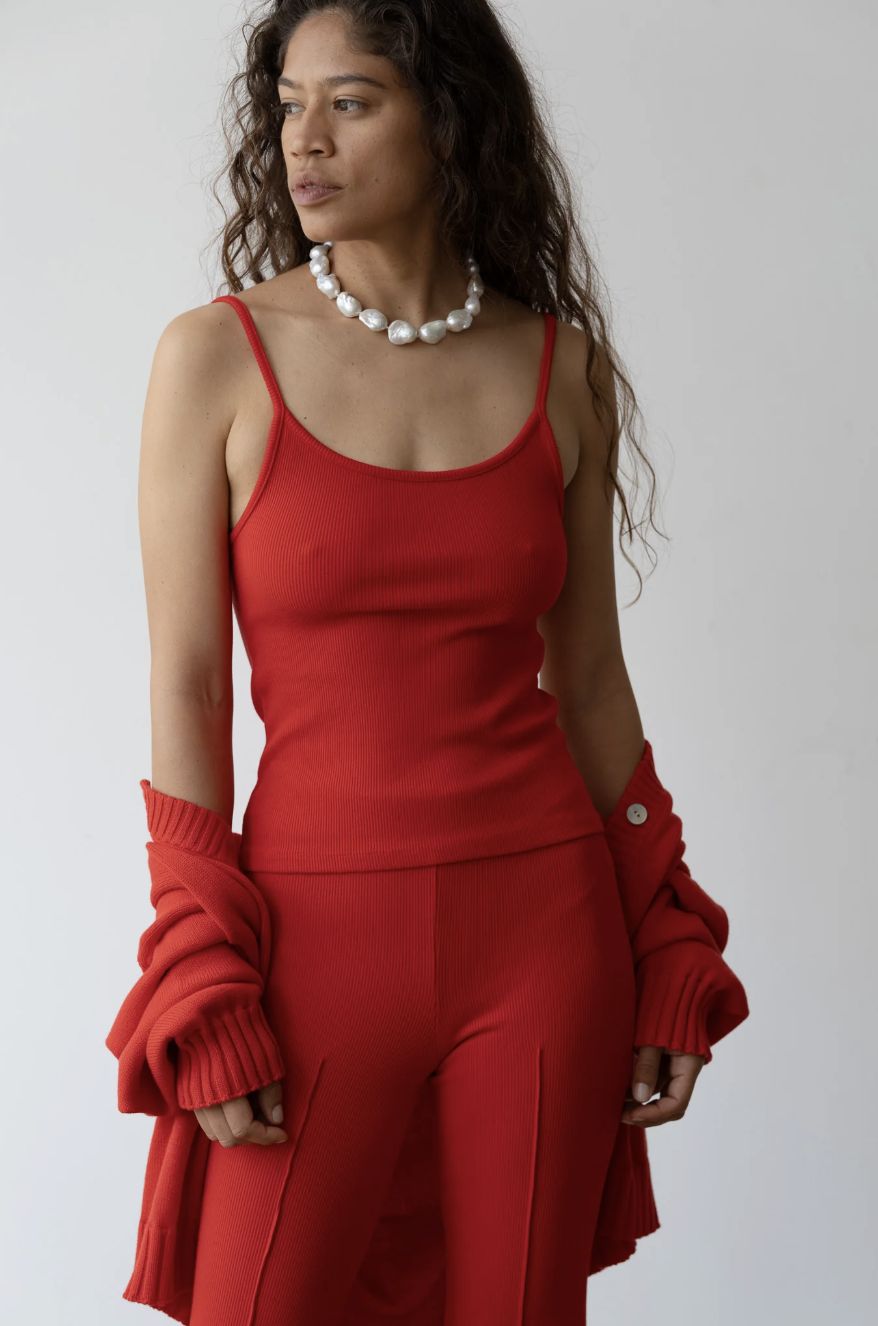 Donni Rib Spaghetti Tank in Bell Pepper