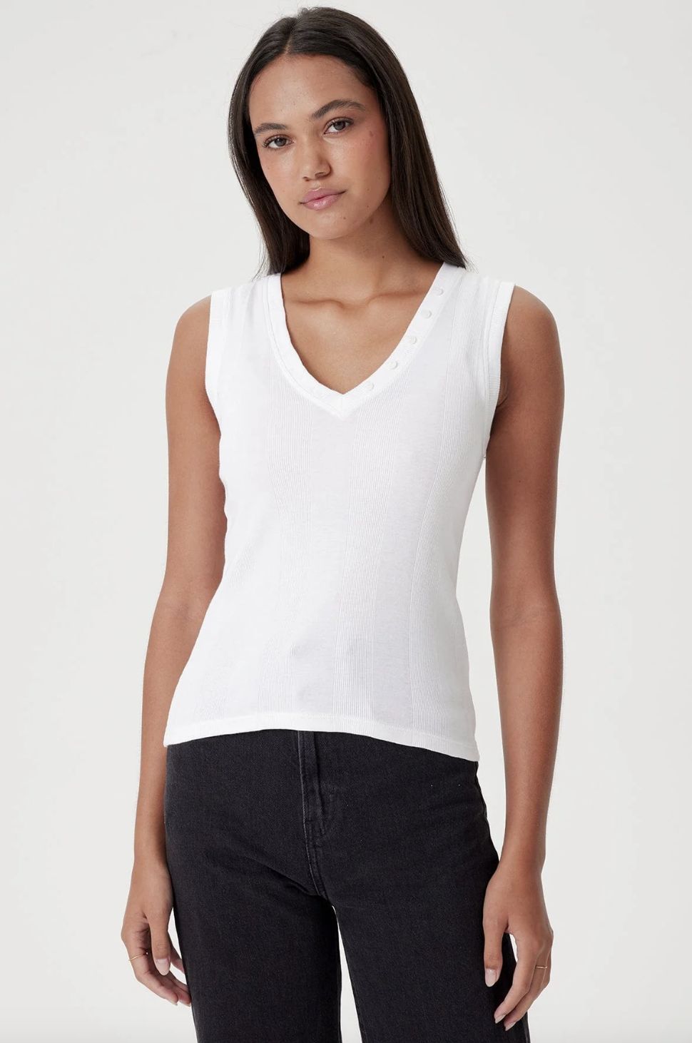 Goldie Cotton Rib V-Neck Tank with Buttons
