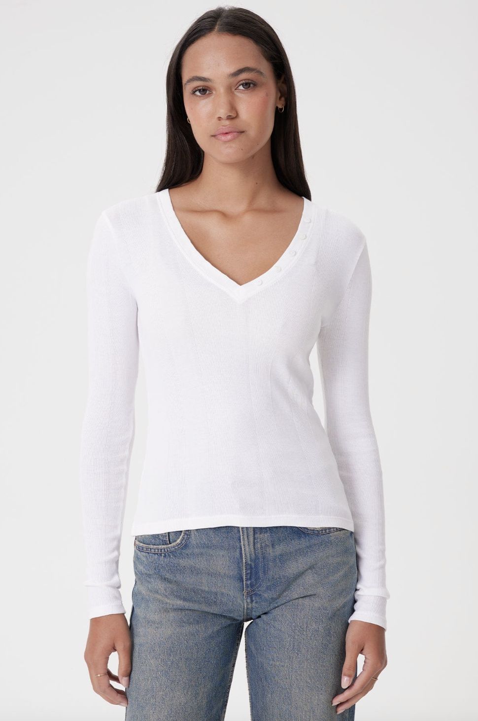 Goldie Long Sleeve Cotton Rib V-Neck with Buttons