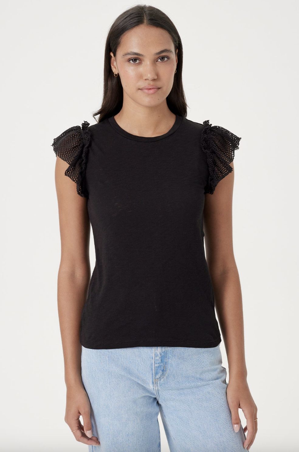 Goldie Slub Tee with Fishnet Flutter Sleeves