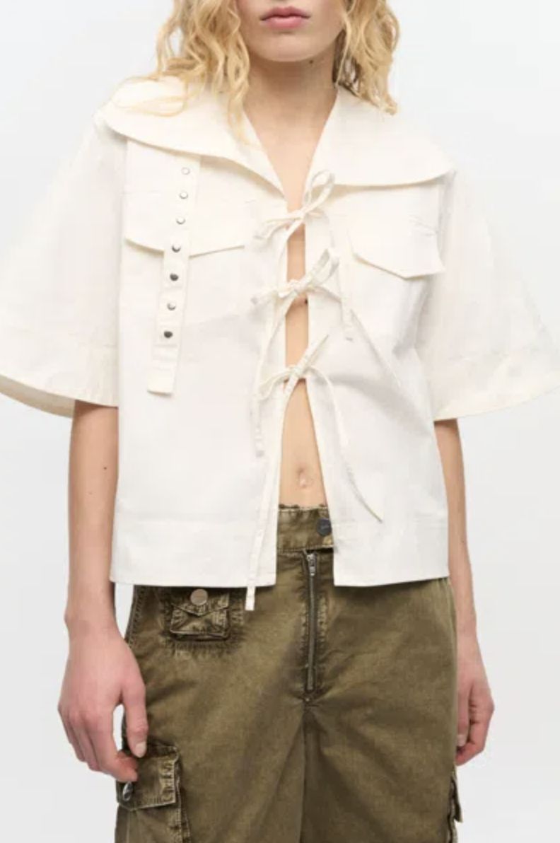 GANNI Stretch Cotton Blouse with Ties