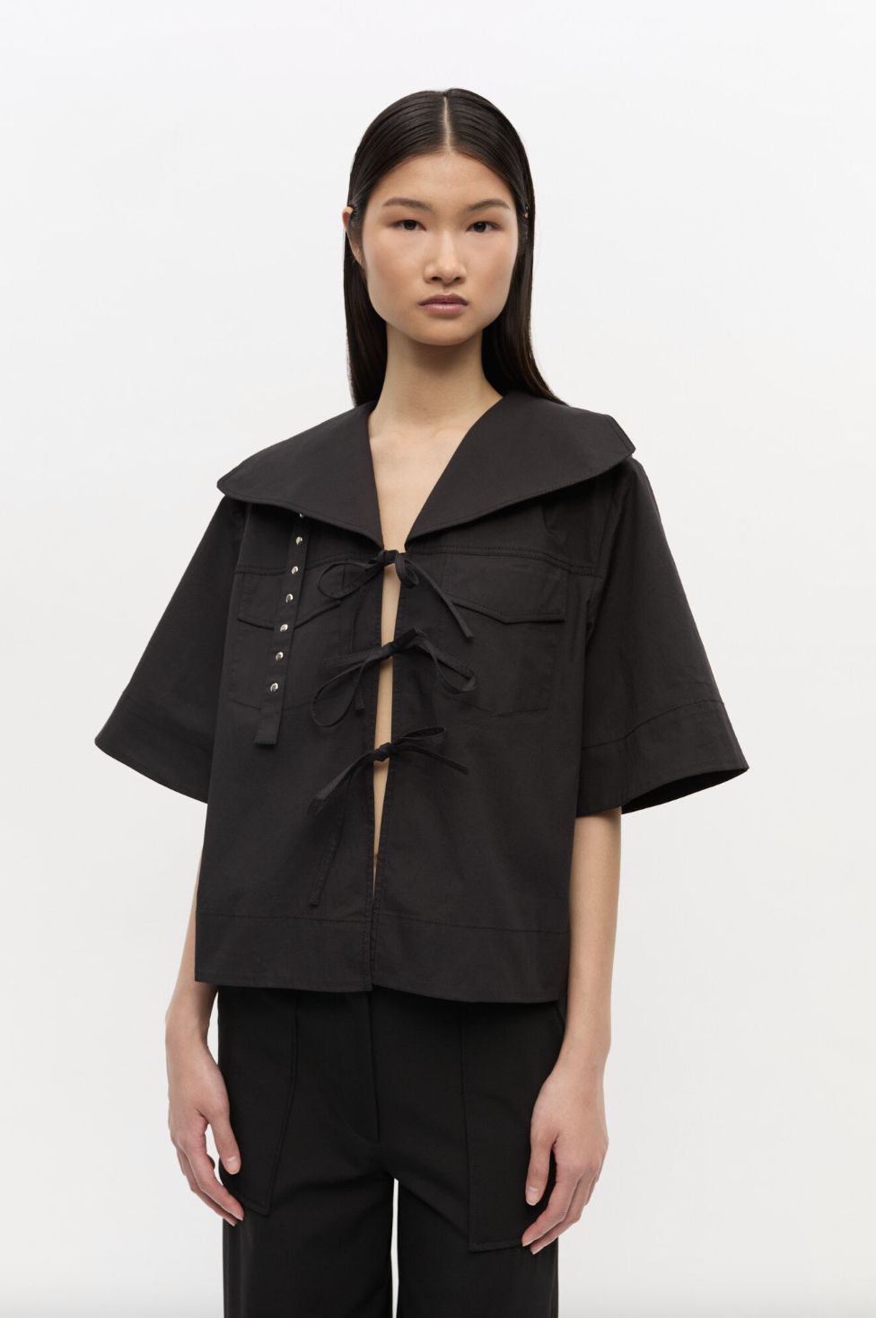 GANNI Stretch Cotton Blouse with Ties
