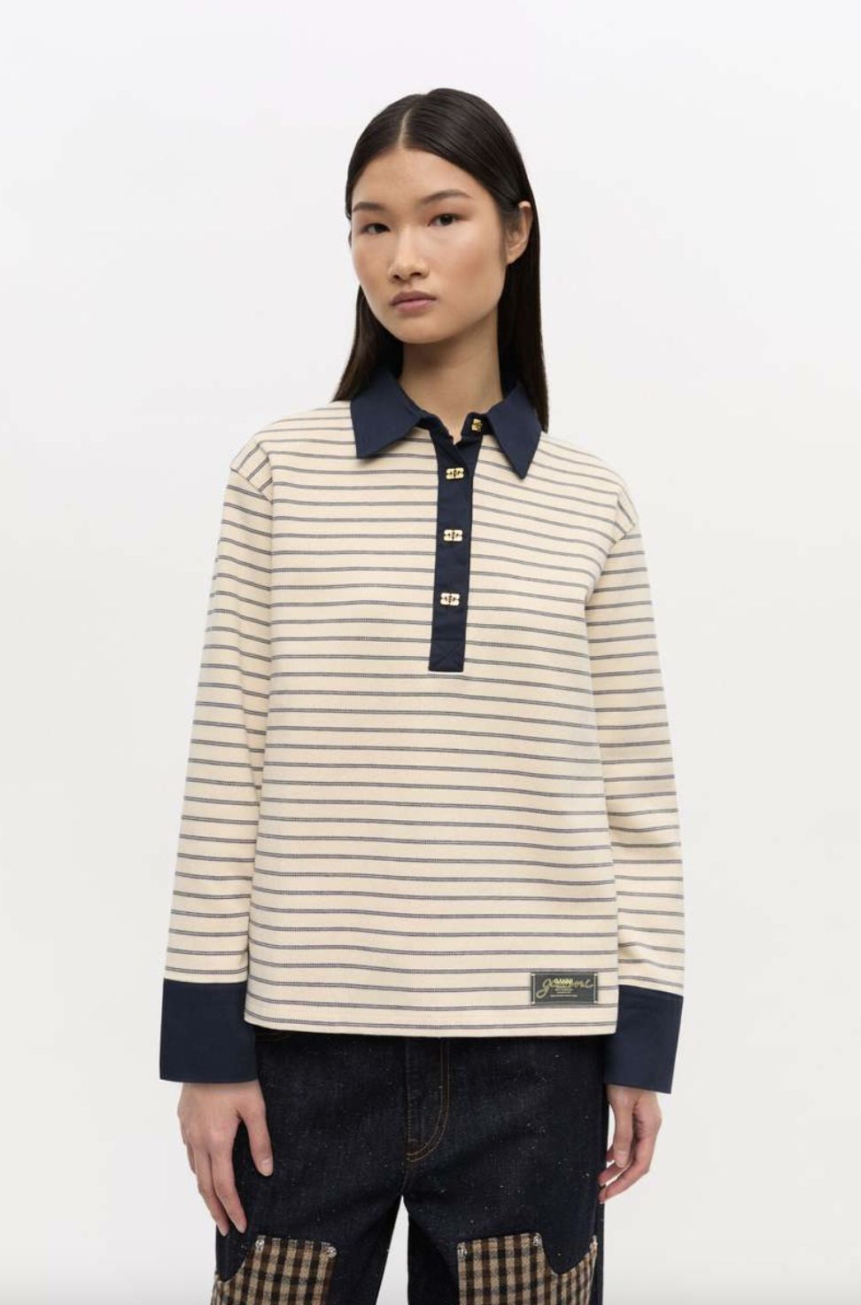 GANNI Striped Cotton Polo