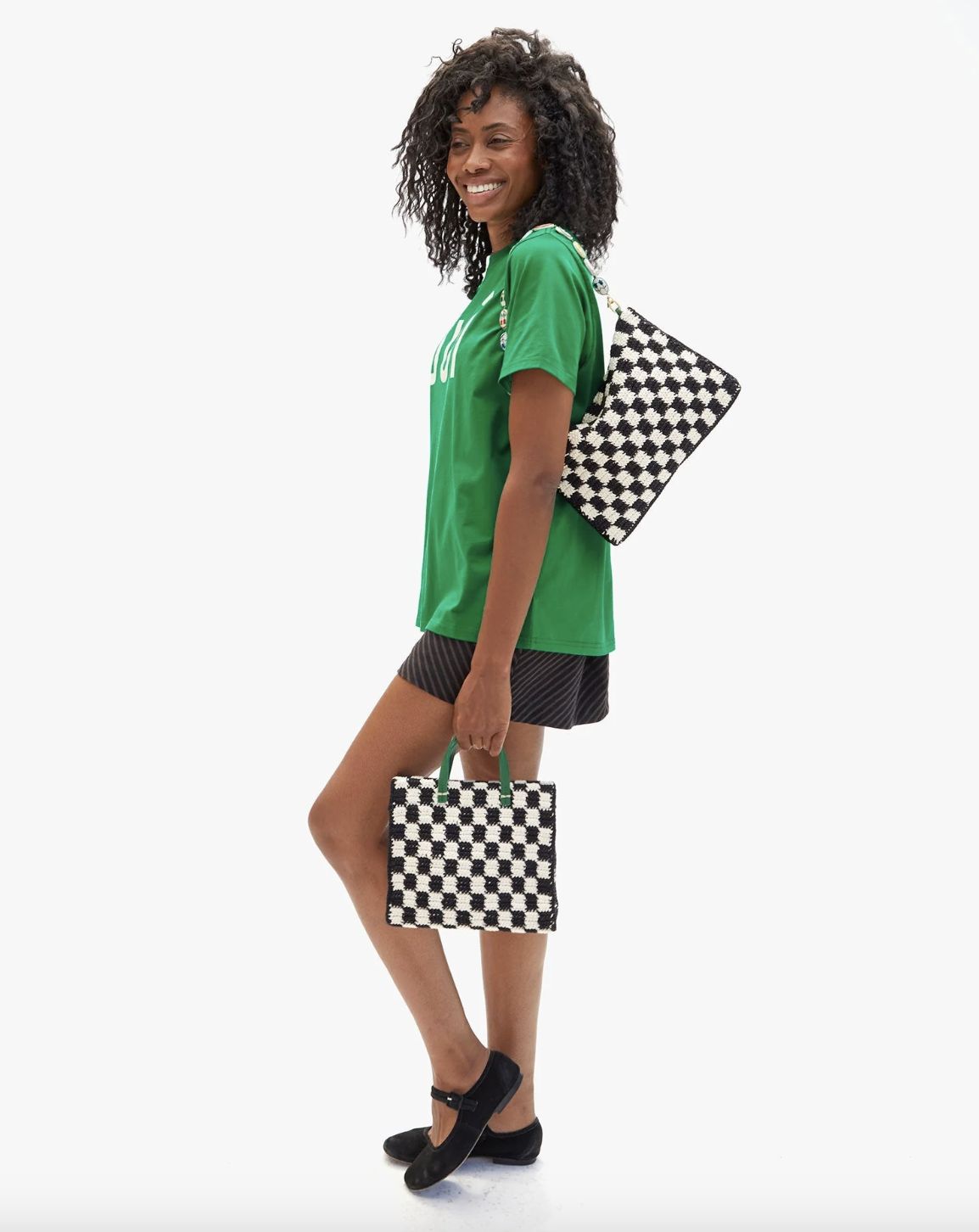 Clare V Flat Black and Cream Checked Crochet Clutch with Tabs